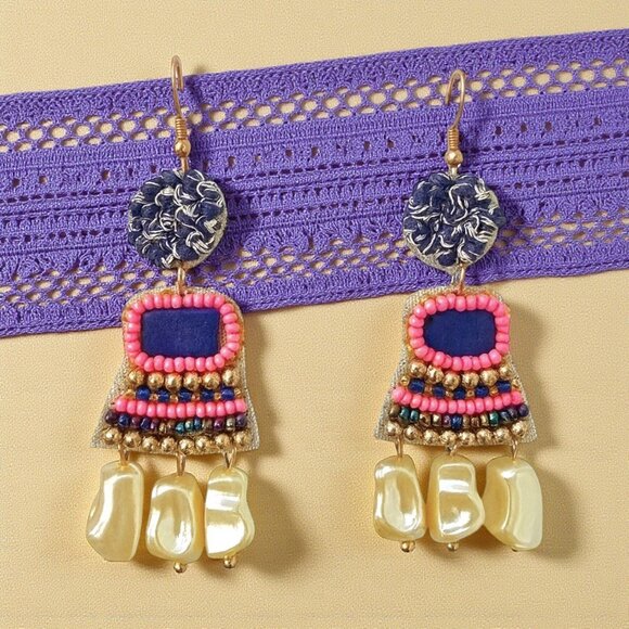 π Indian Artisan Handmade Beaded Trendy Statement Earrings Boho Festival Vibes - Picture 5 of 14